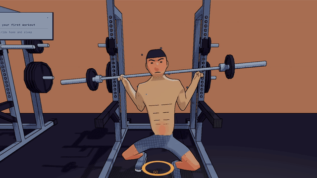 Character fatigue polish showing wobble and sweat during a workout